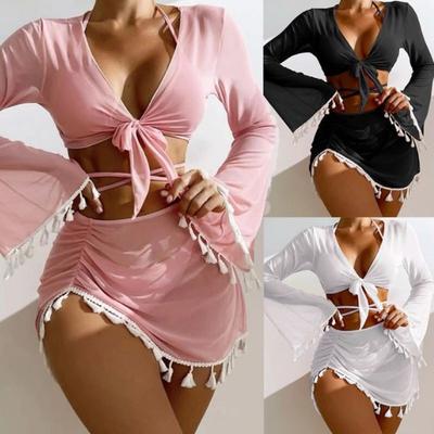 Konservatyvus Keturių dalių Rinkinys Vienspalvis Palaidinė Tinklinė Sijonas Bikini Didmeninė Prekyba Maudymosi Kostiumas Moterims