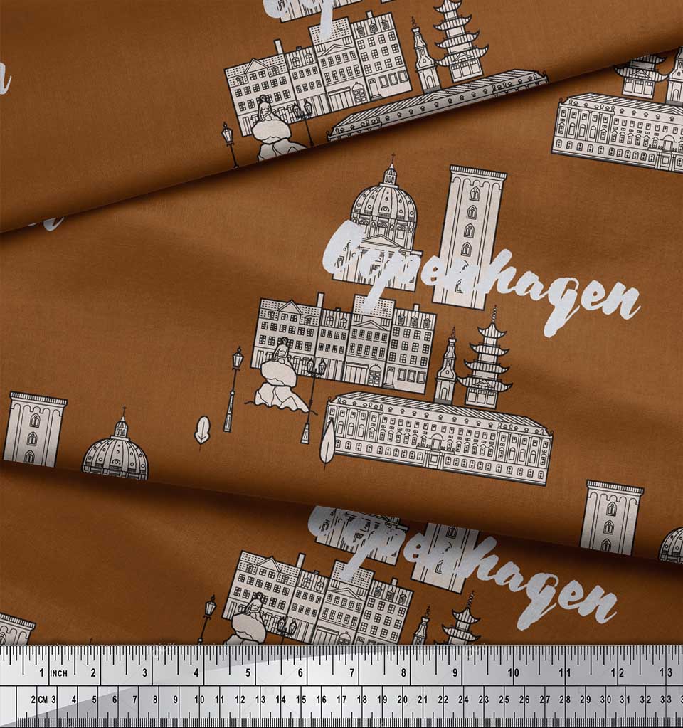 Soimoi Blue Japan Crepe Satin Fabric Sketch Monuments Architectural Printed Craft Fabric by the metre 42 Inch