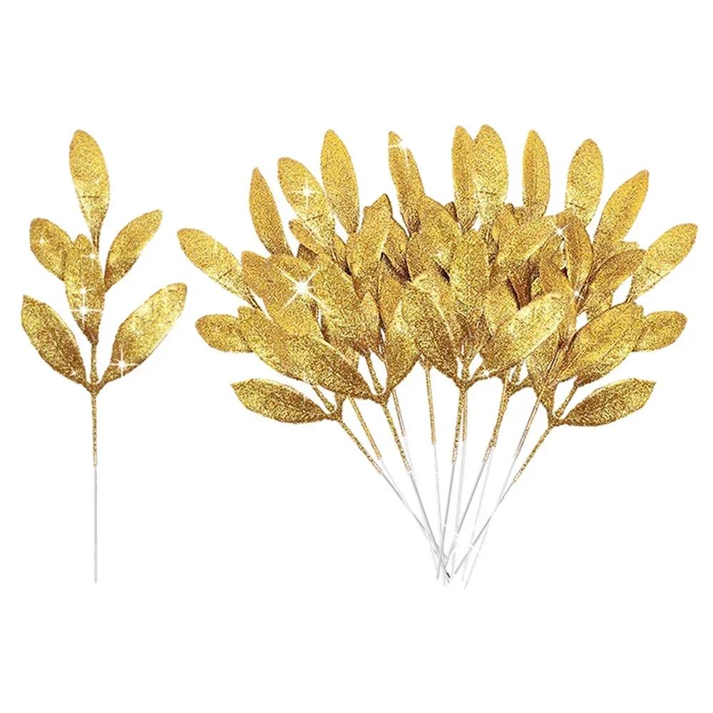 

Wholesale Artificial Glitter Leaves Christmas Plastic Gold Silver Olive Leaf DIY Xmas Tree Ornaments Fake Plant Home Party Decor 1PC золотистый