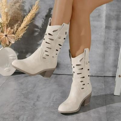 Stivali da Cowboy da Donna Estivi Retro a Punta Rotonda con Tacco Grosso in Suede Vegano con Design Vuoto e Borchie