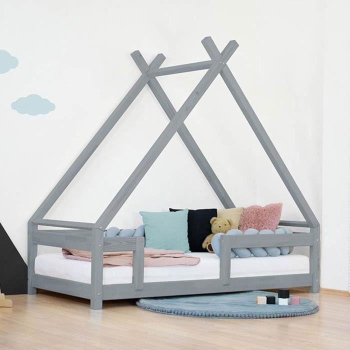 Lit Tipi enfant avec barrière bois massif gris 90 x 160 cm