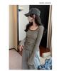 Korean Square Neck Flare Sleeve Slimming Retro Striped Long Sleeve Top for Women