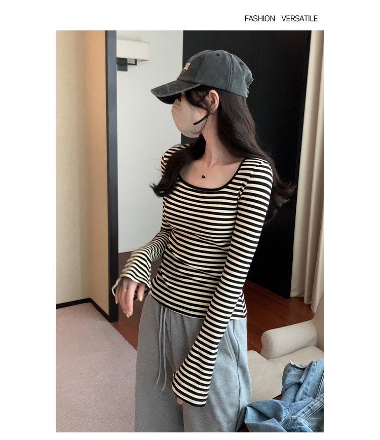 Korean Square Neck Flare Sleeve Slimming Retro Striped Long Sleeve Top for Women