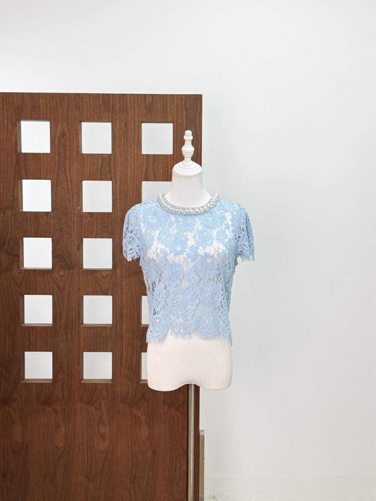 2026 Early Spring High-End Sexy Hollow-Out Beaded Short-Sleeve Lace Top for Women