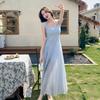 Women's Elegant French Blue Spaghetti Strap Maxi Dress