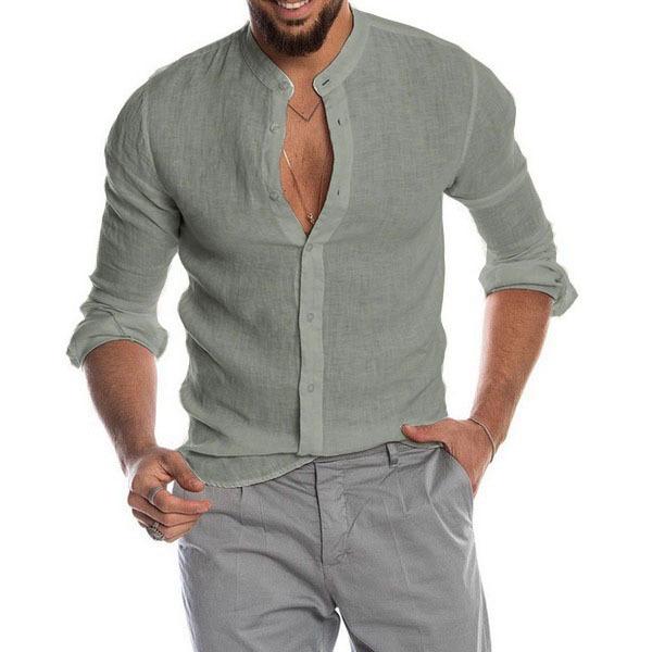 Autumn/Winter V-Neck Linen Cardigan Stand Collar Long Sleeve Men's Shirt