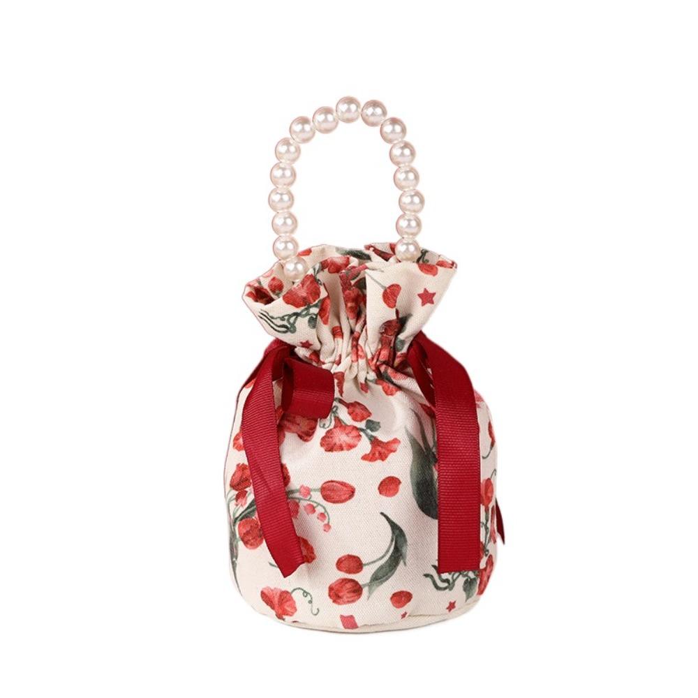 Ribbon Bow Small Flower Wrist Bag Pearl Handle Bowknot Handbag Festive Sugar Bag  Female/Girls