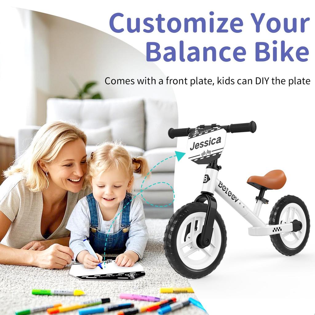 BELEEV 12-inch Kick Bike for Ages 2-6, Pedal-Free Run Bike with Lightweight Adjustable Seat and Handlebars, Illuminated Wheels, and Carrying Strap