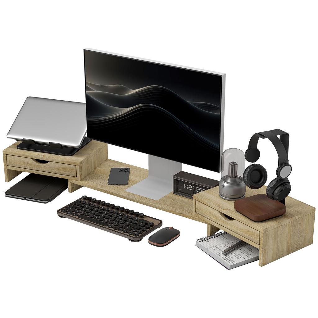 PC Screen Riser Desk Computer Monitor Stand 60-116 Cm with 2 Drawers, Adjustable Length and Angle