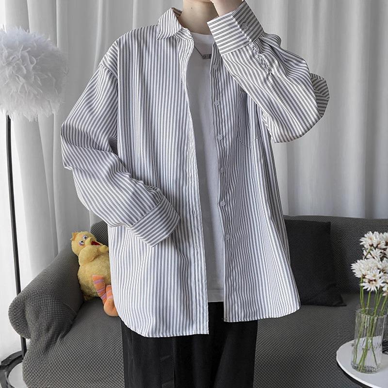 Japanese blue and white striped long-sleeved shirt men's new summer casual white shirt high-end jacket