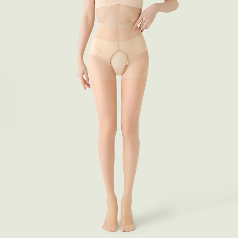 1 Pair Plus Size Summer Thin Open Crotch Pantyhose Women'S High Waist Control Top Tights 20D Sheer Shiny Pantyhose Sexy Lingerie