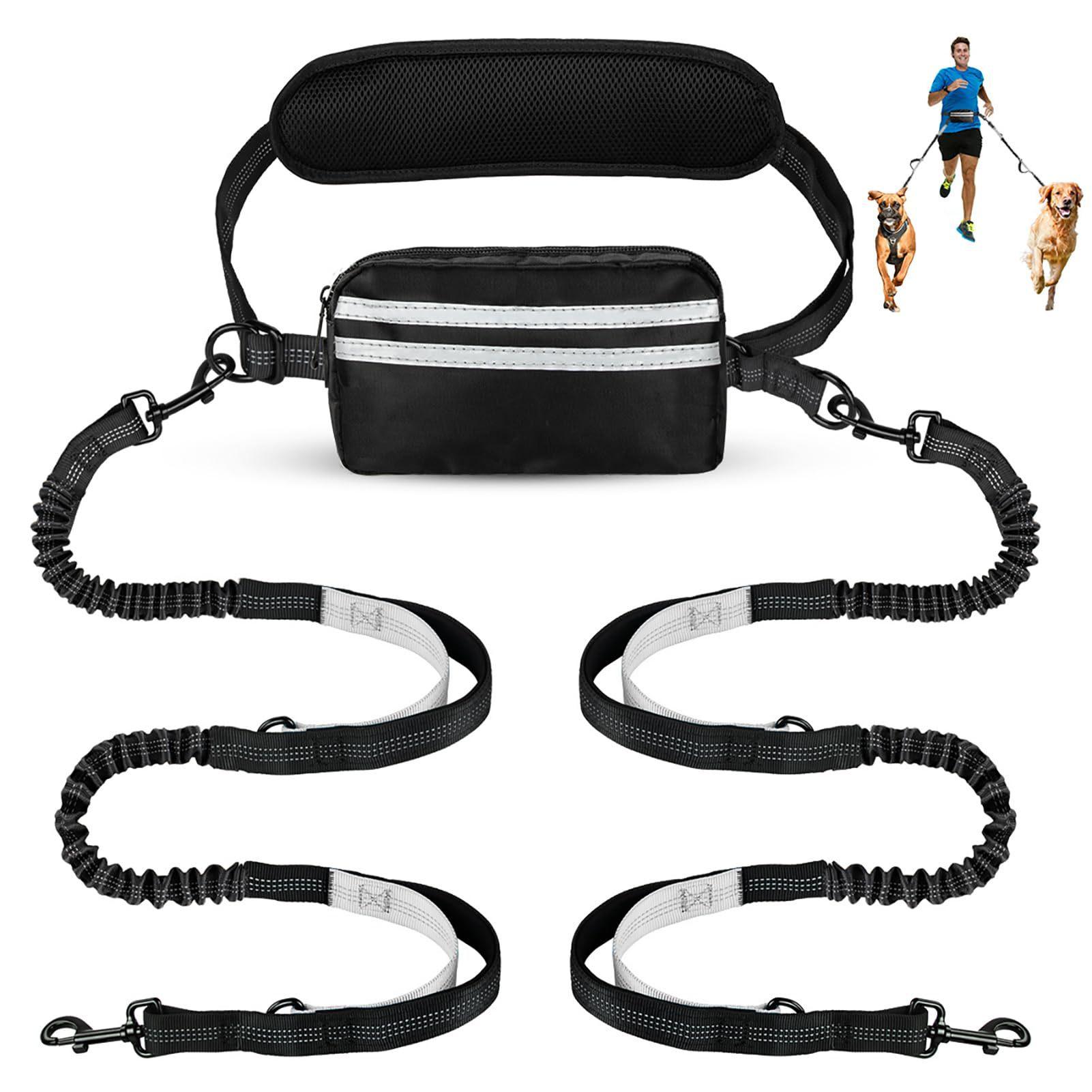 Hands-free leash with portable pocket _ two dog double leash _ retractable elastic double padded hand double dog leash
