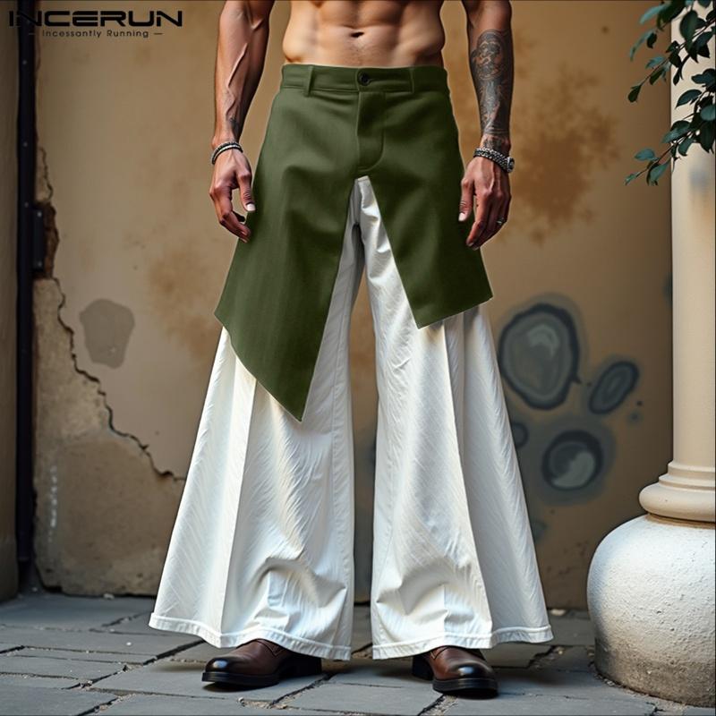 INCERUN Men Pants Casual Zip-up Waist Patchwork Long Trousers