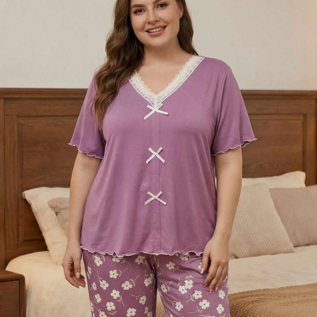 YYFS Women's Fashion Spring Summer Flower Pattern Print Short Sleeve V‑Neck Casual Pajama Set