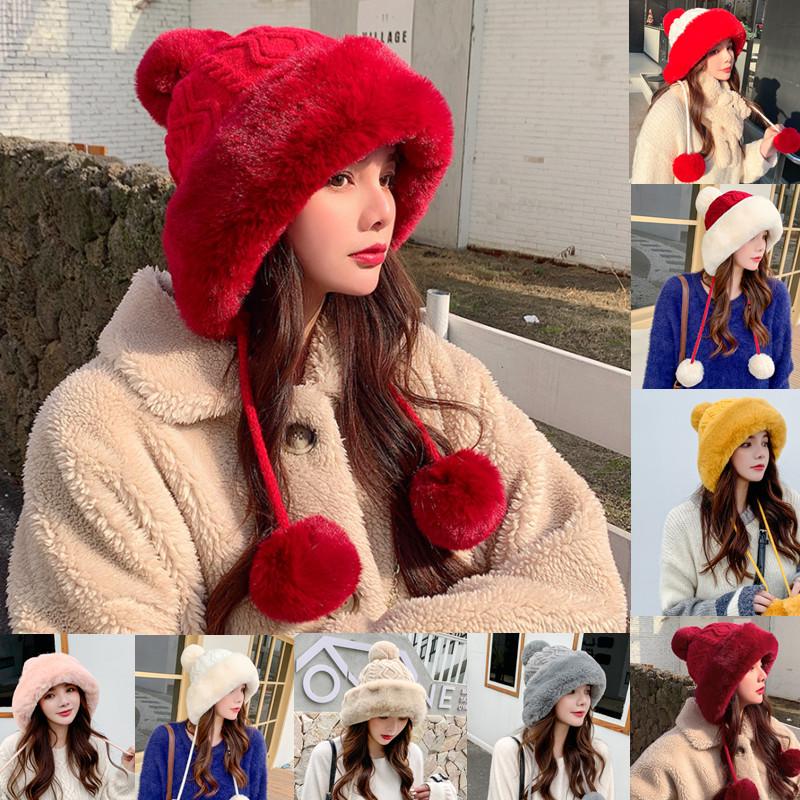 Thicken Hat New Style Ladies Fur Ball Plus Velvet Warm Hood Outdoor Autumn And Winter Cold-Proof Fashion Cute Woolen