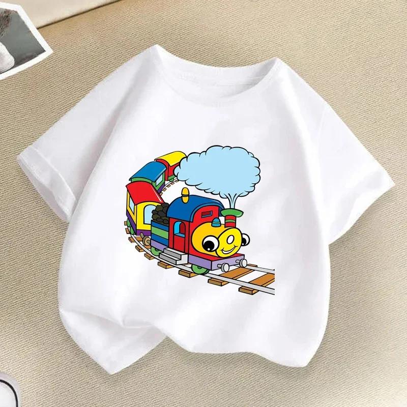 Zug Grafikdruck Kinder T-Shirts Sommer Jungen Mädchen Lustig Lässig Niedlich Weiß T-Shirts Kinder Rundhals Kurzarm T-Shirts