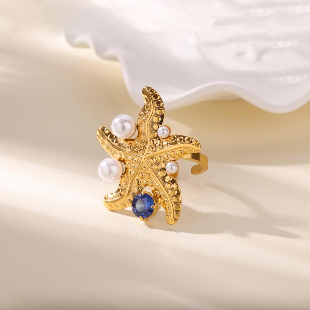 Stainless Steel Starfish Open Rings for Women Girls Fashion Imitation Pearl Ring Trendy Wedding Aesthetic Party Jewelry Gift