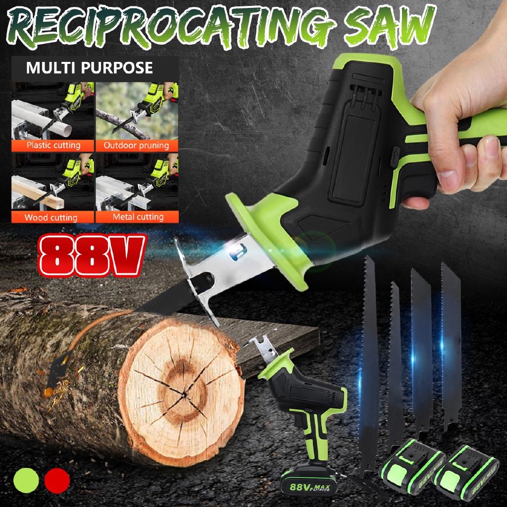 88V Cordless Reciprocating Saw +4 Saw Blades Metal Cutting Wood Tool Portable Metal Woodworking Cutters W/2 Battery