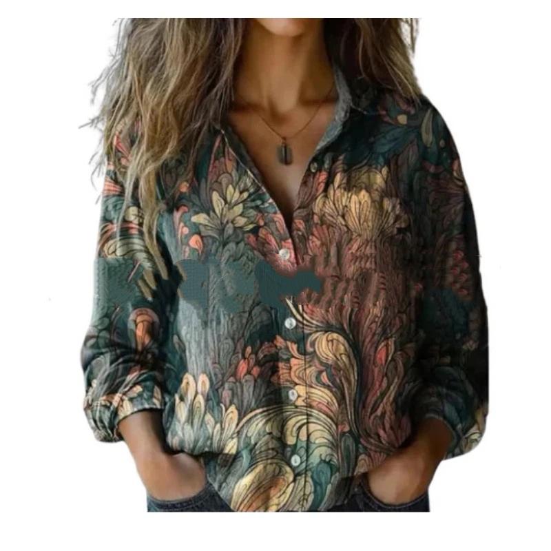 Women Vintage Floral Print V Neck Ruffle Collar Long Sleeve Button Down Blouse With Pockets