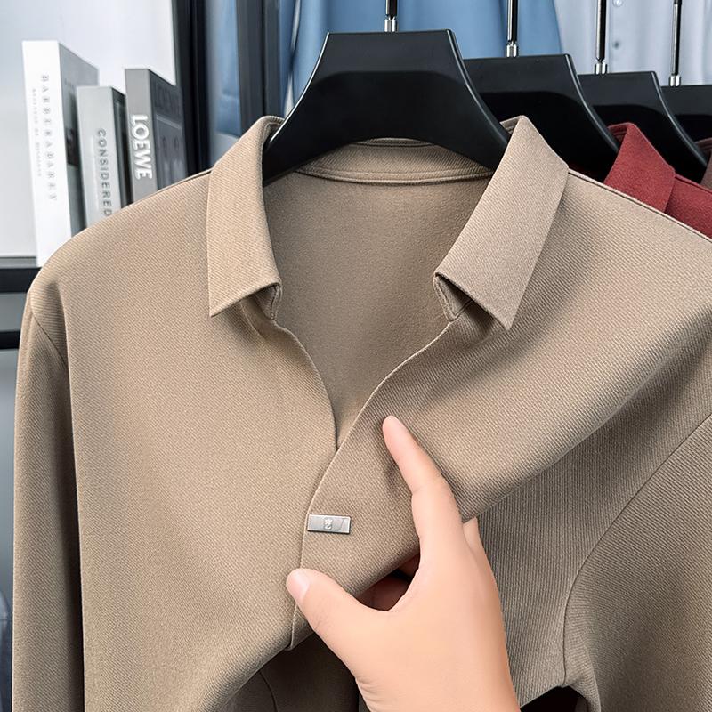 High End Quality Men'S Polo Shirt Solid Color Simple V-Neck No Trace Long Sleeve Autumn Lapel T-Shirt Business Classic Menswear