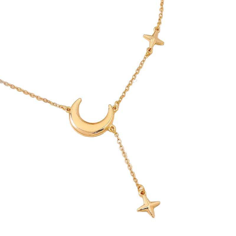 Fashion Gold Silver Color Star Moon Pendant Necklace For Women Simple Metal Long Tassel Cross Chain Necklace Jewelry