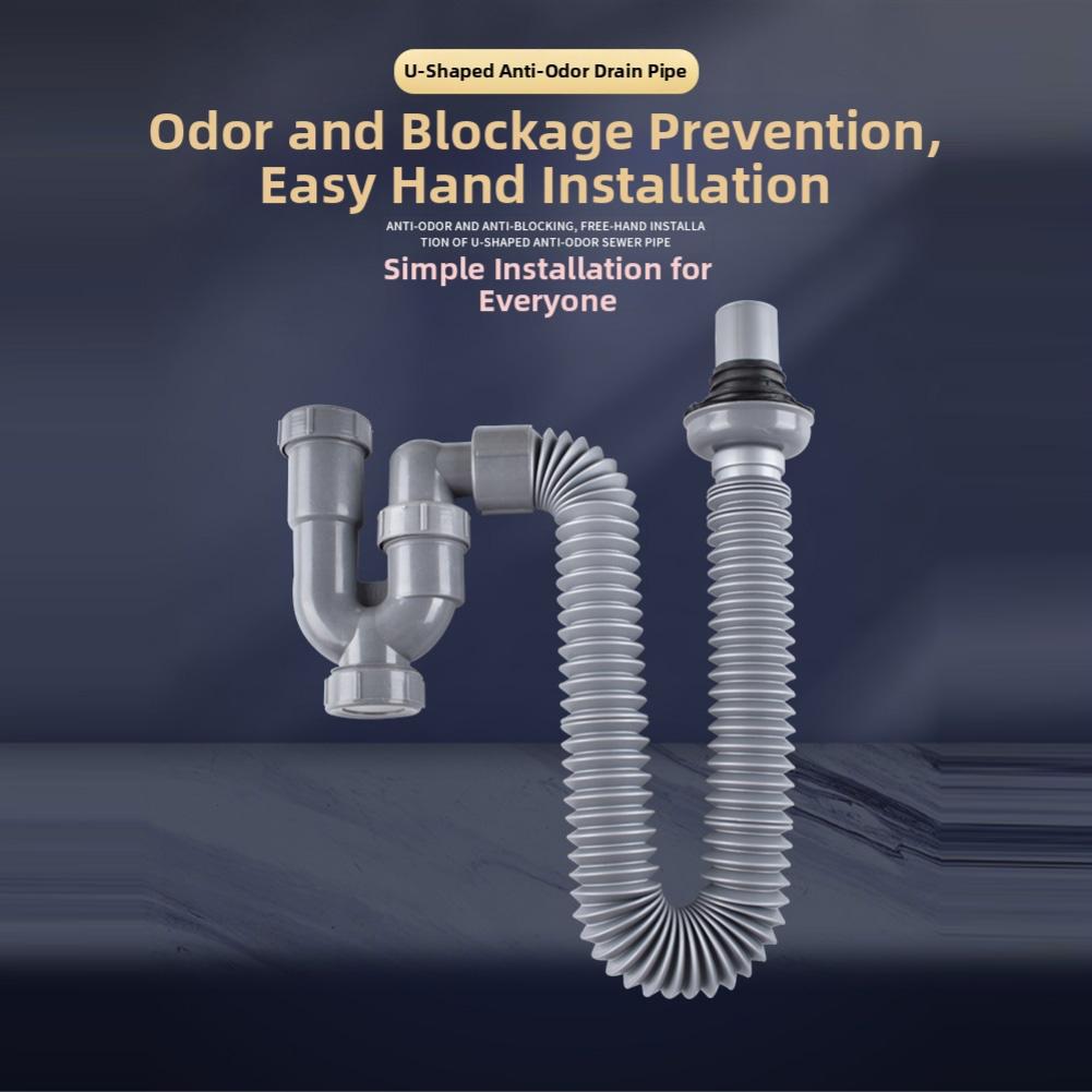 Flexible ABS U Shaped Drainage Pipe with Retractable S Design for Bathroom Sink Featuring Cleaning Port for Barrier