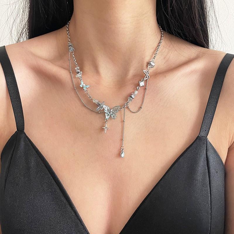 Womens Titanium Steel Pendant Necklace With Blue Butterfly Charm Crystal Tassel Sweet Punk Style 41-50cm Chain Length Teal Butterfly Patchwork Stone Fringe Necklace
