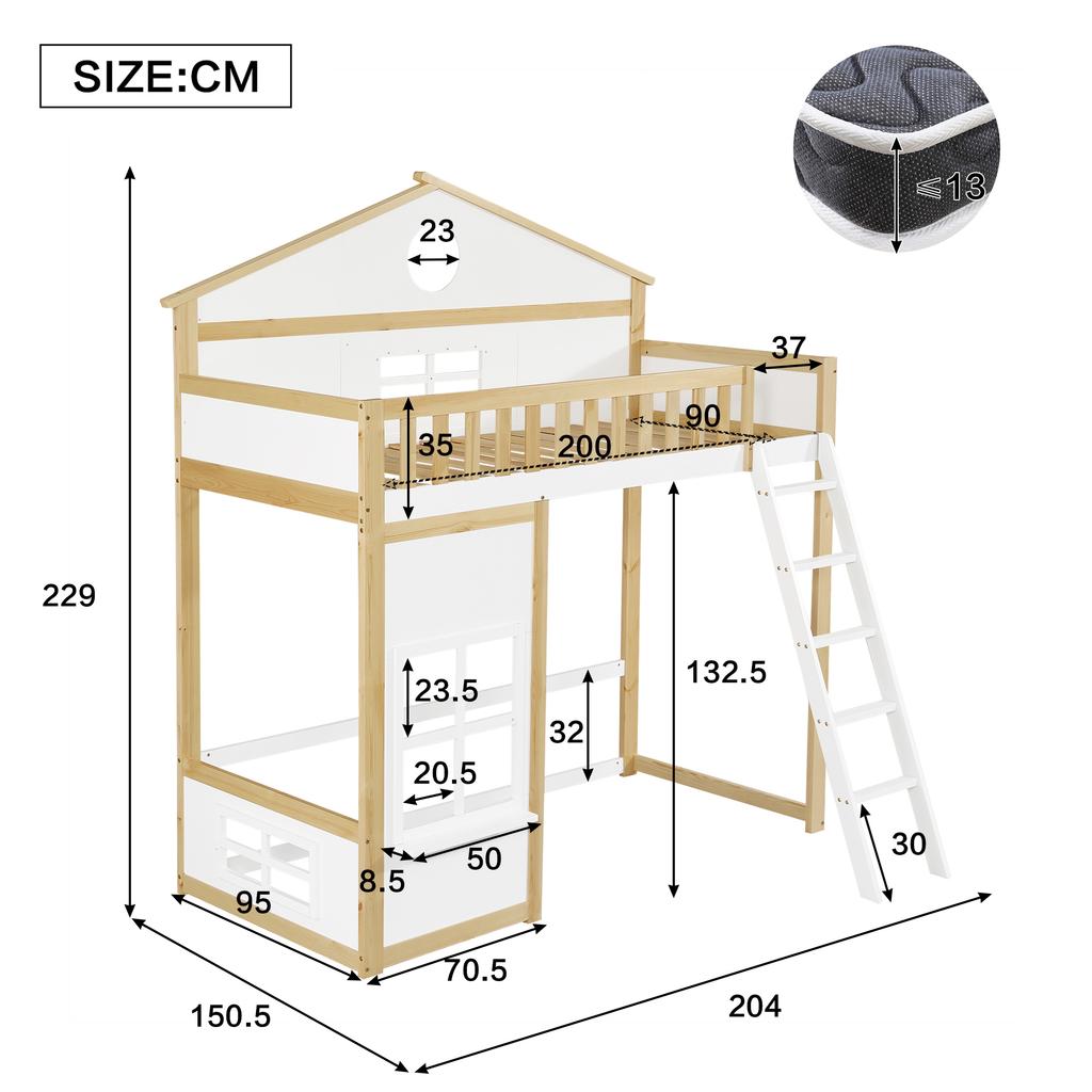 [N622D161516W] Etagenbett, mit Treppe, mit Absturzsicherung und Rausfallschutz, Kinderbett mit Dach und Fenster, Kiefer+MDF, Weiß+Natur, 90x200cm
