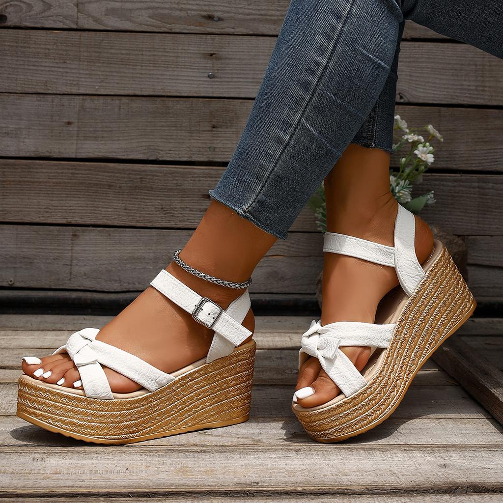 Fashion Bowtie Decor Wedges Sandals for Women Ankle Buckle Chunky Platform Sandals Woman Summer Elegant Thick Sole Women's Shoes