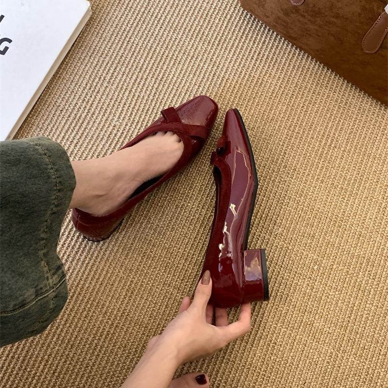 Nye Dame Mote Sløyfe Luksus Metall Blomst Fritidsslippers Svart Vinrød Firkantet med Slip-on Firkantet Tå Damesko