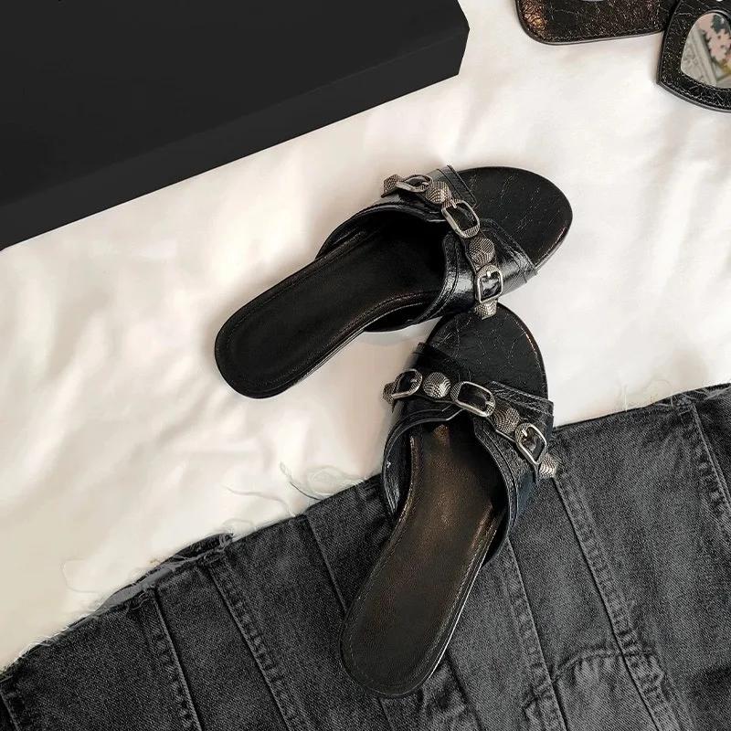 Fashion 2025 Summer Women's Studded Black Slippers Sexy Spice Punk High Heels Party Shoes
