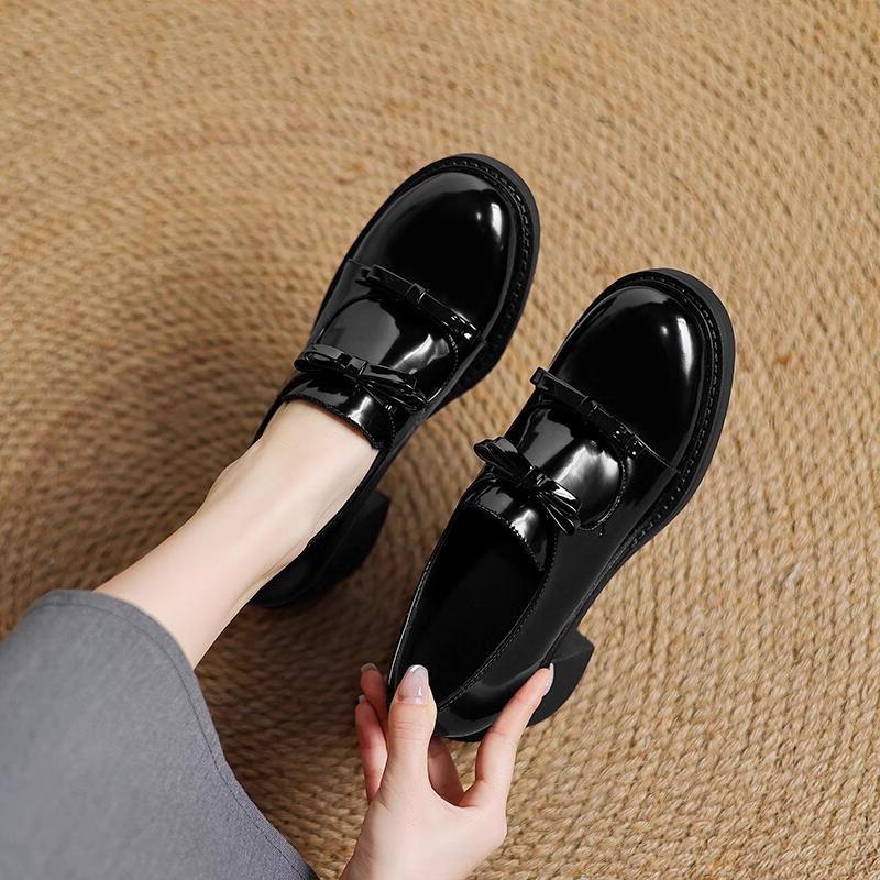 Soft cowhide~ Genuine leather bow thick heel small leather shoes women's spring new British black high heel loafers single shoes