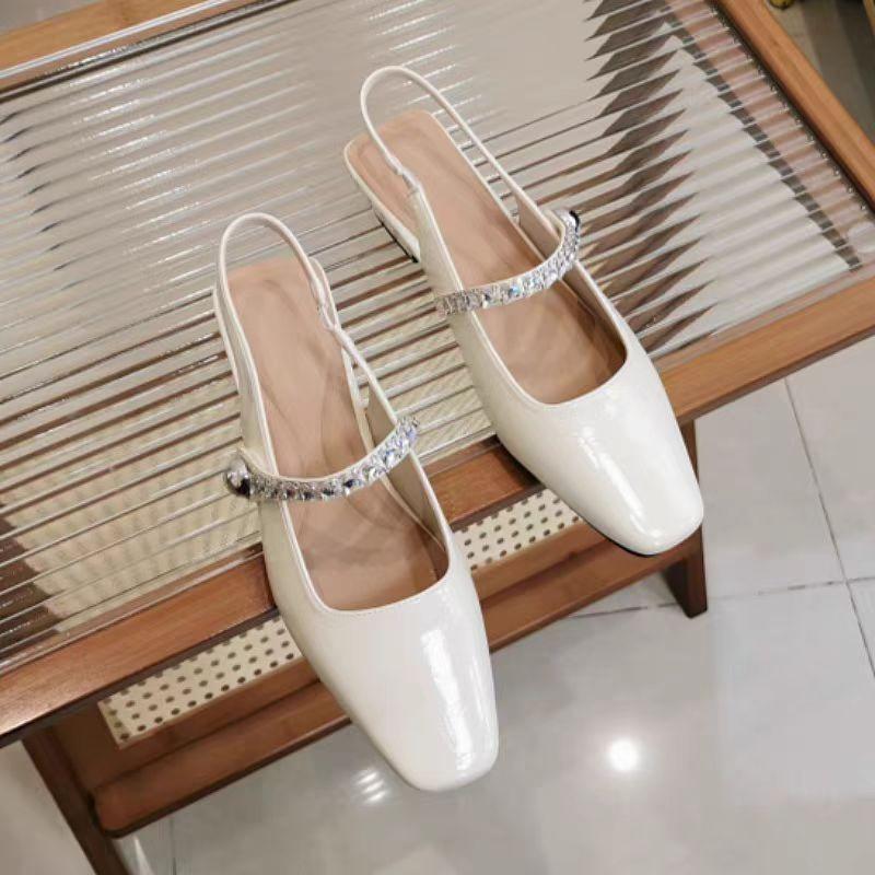Fashion 2025 Summer Comfort Shoes for Women Rhinestone Sandals Shallow Mouth Square Toe  Suit Female Beige Fashion Spring Closed Flat