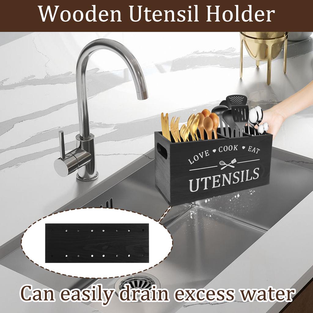 Rustic Wooden Utensil Holder 4 Compartments Kitchen Tableware Stand With Drainage Holes Countertop Flatware Organizer