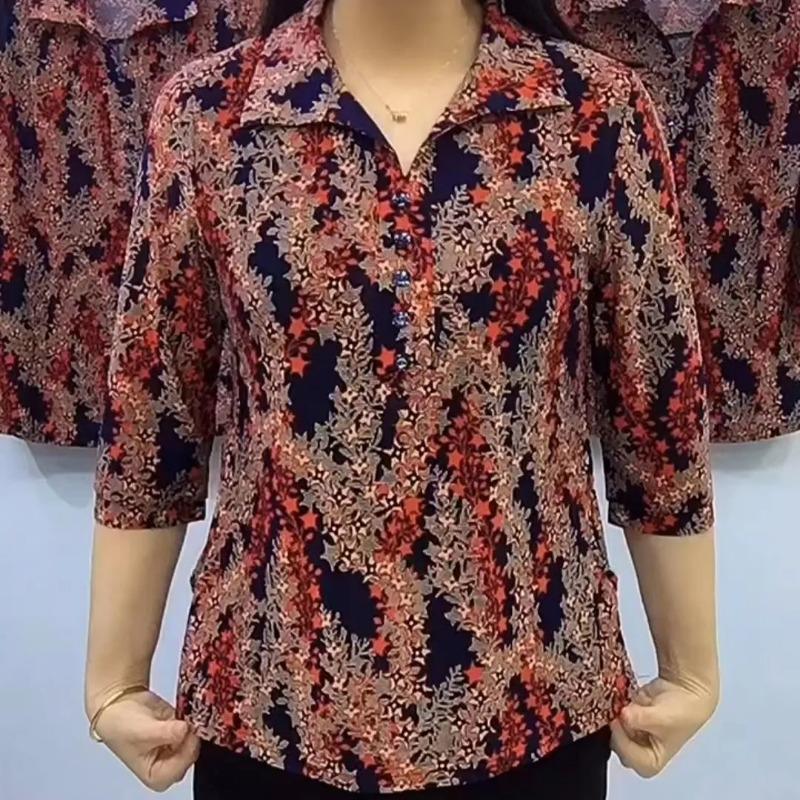 Womens Navy Blue Star Floral Print Polo Collar Half Sleeve Blouse