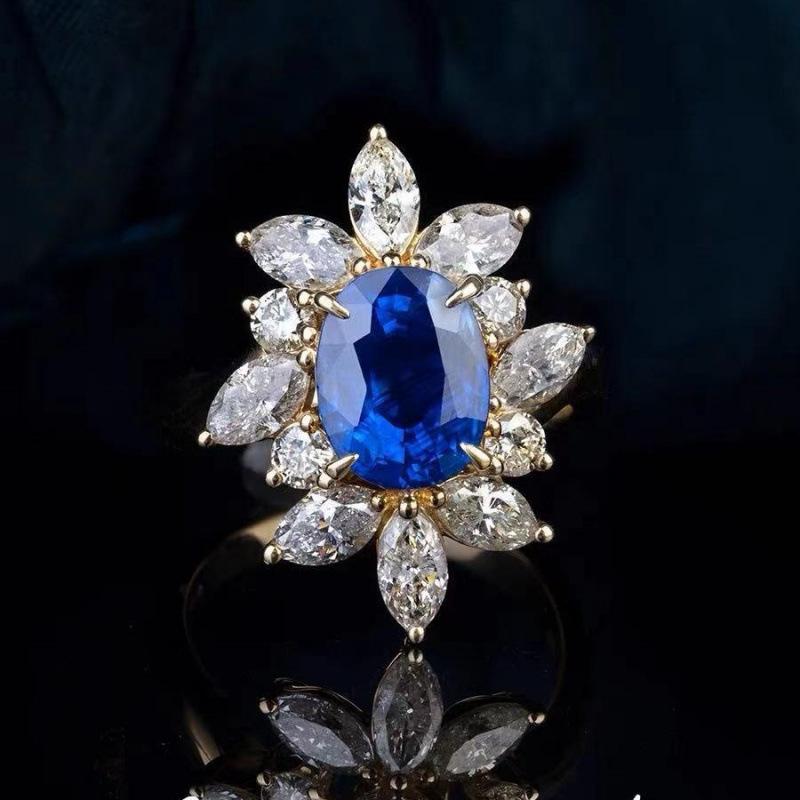 Luxury Retro Royal Blue Sapphire Flower Ring for Women Adjustable Open Size