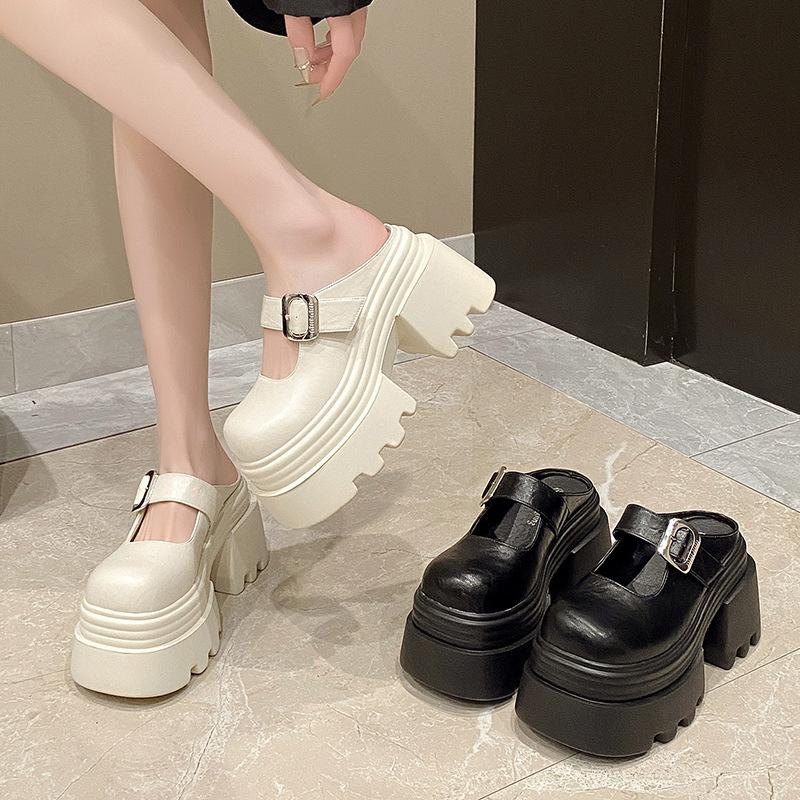 10Cm heightening bag head half slippers women's 2025 spring new small slippers wearing a pedal JK muffin shoes