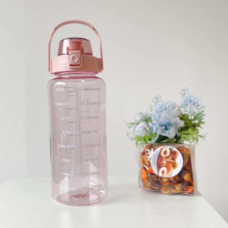 2L Water Bottle with Time Mark, Reusable Outdoor Sports Water Bottle, Straw, Portable Plastic Cup, Large Capacity