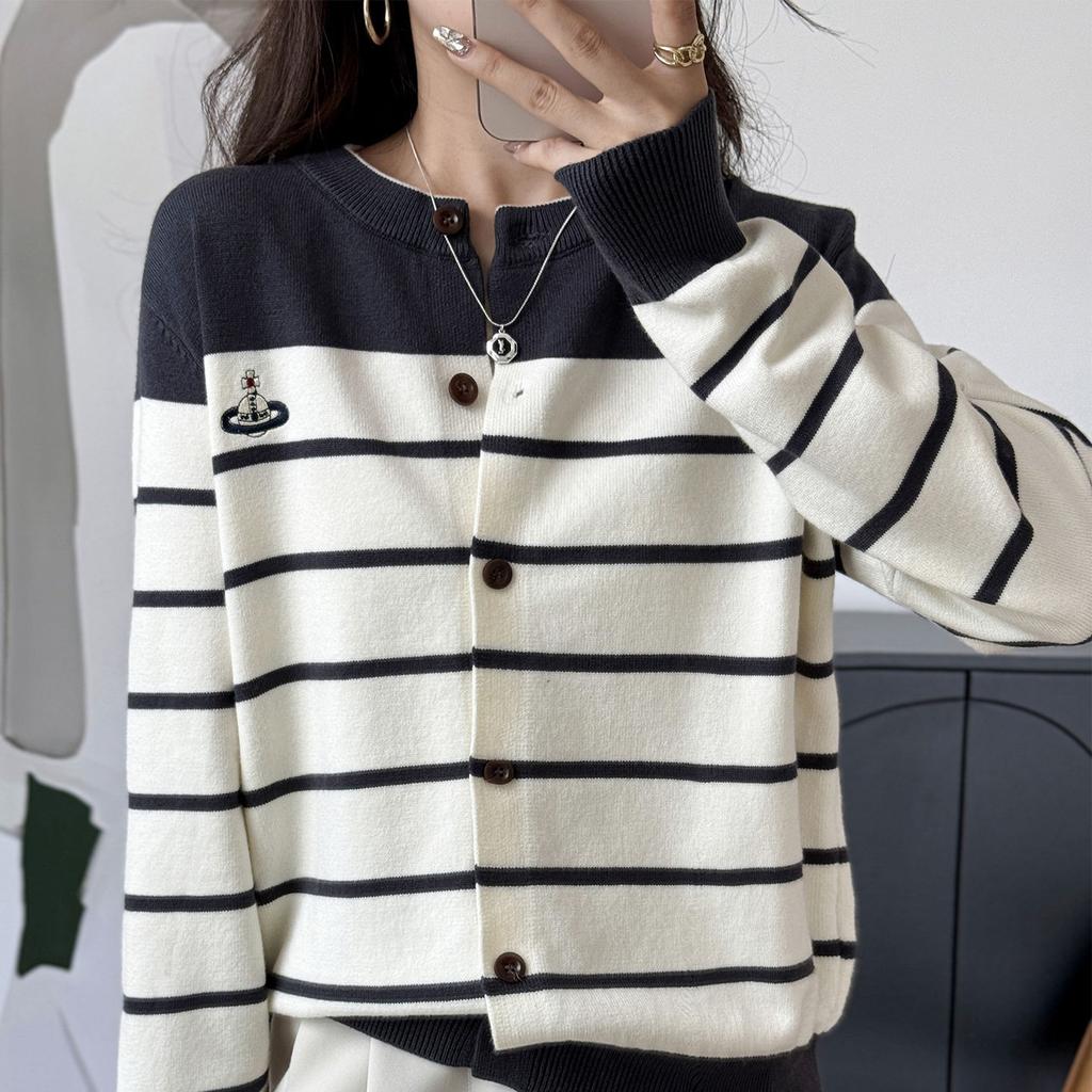 Retro Color-blocked Striped Round-neck Knitted Cardigan Women's Short Coat Sweater Spring and Autumn New Design Niche Top