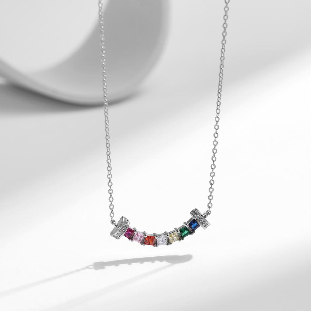 MODIAN 925 Sterling Silver Smile Square Rainbow Colorful Zirconia Pendant Necklace Fashion Neck Chain For Women Fine Jewelry