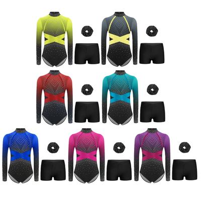 Mädchen Gymnastik Set Glänzende Strasssteine Colorblock Turnanzug Langarm mit Shorts Stirnband