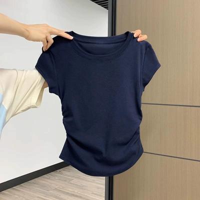 Marineblaues Schulterfreies Kurzarm-T-Shirt für Damen, Sommer-Neues Design, Raffung in der Taille, Rundhalsausschnitt, Figurbetont und Schlankmachendes Kurzes Oberteil