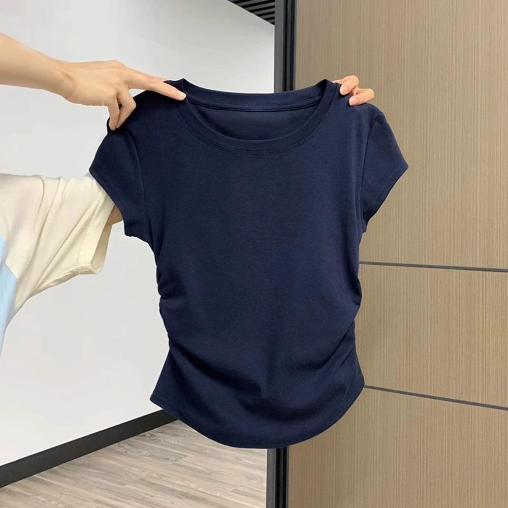 Navy Blue Shoulder Short Sleeved T-shirt for Women's Summer New Design, Pleated Waist Cinched Round Neck Slim Fit and Slimming Short Top