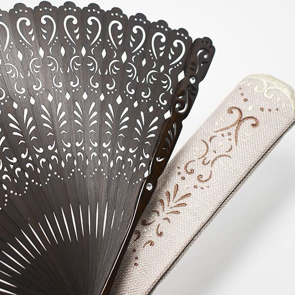 Kimono Charme Folding Fan and Fan Pouch Glossy Painted Crystal Fan [Stylish Iroha] Set, Frame, Glass, All-Bamboo (Dark Brown)