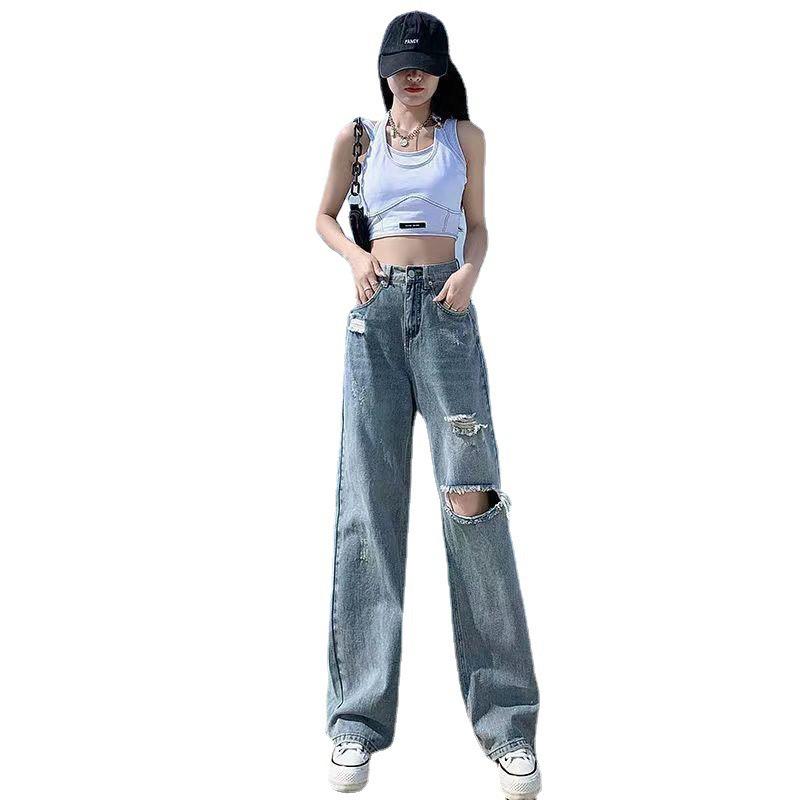 High-Waist Slim Ripped Jeans for Women - Versatile Summer 2022 Loose Wide-Leg Pants