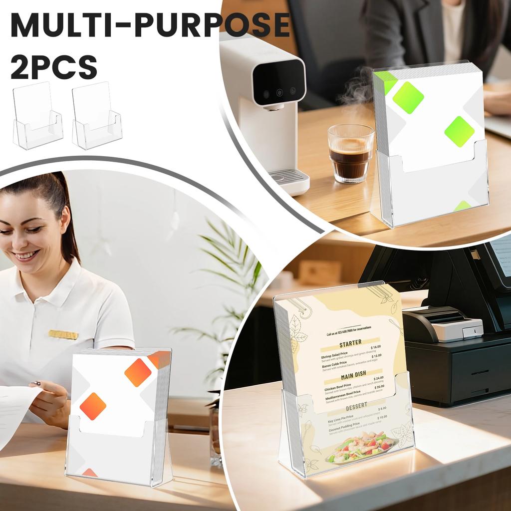 2Pcs Acrylic Brochure Holder Offices Clear Pamphlet Display Stand Stable Multipurpose Desk Leaflet Holder for Photo Paper Menu