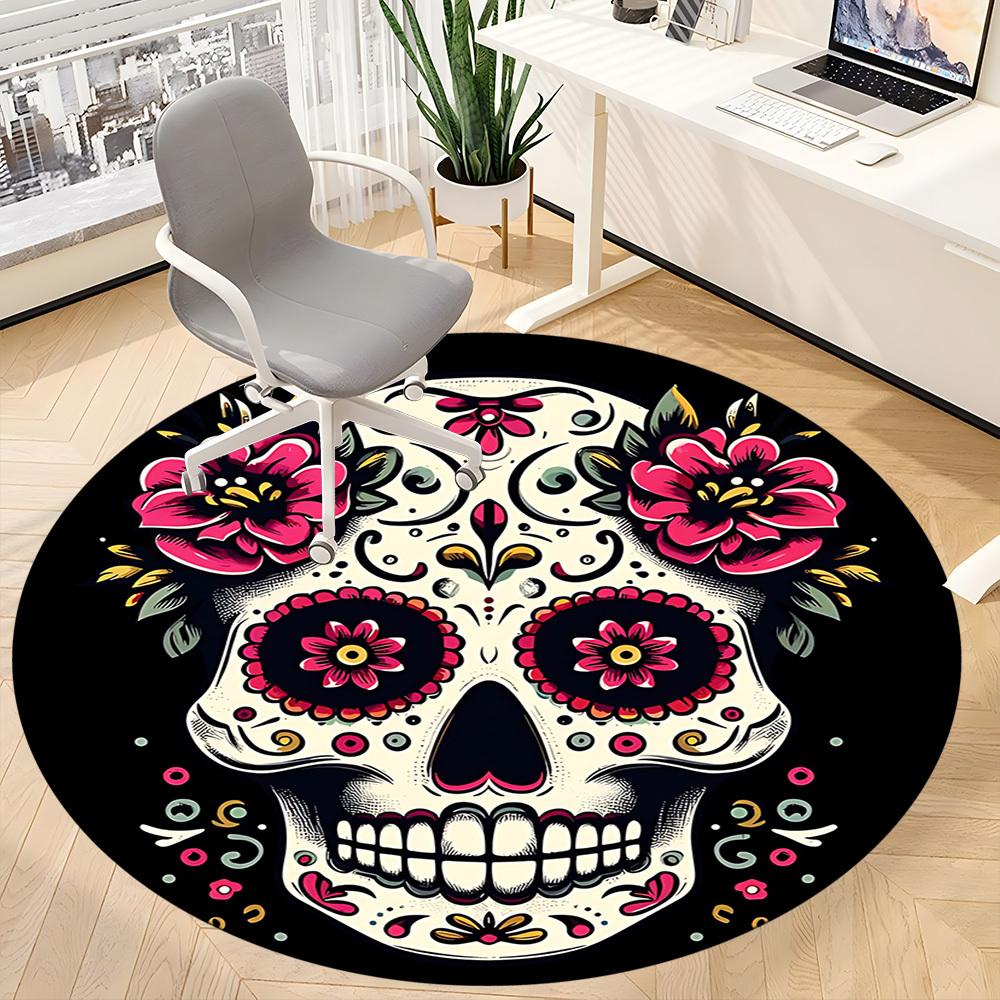 1pc Sugar Skull Flowers Office Round Area Rug, Under Office Chairs Bedroom Living Room Home Decor, Room Deco, Available In Various Sizes