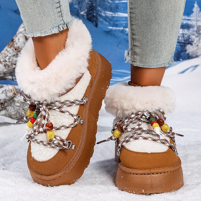 Fashion Fluffy Platform Snow Boots Women Winter 2025 String Bead Decor Faux Fur Cotton Shoes Woman Thick Plush Warm Ankle Boots