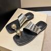 Fashion Metal Decoration Flat Slides Unique Designer Luxury Women's Slippers and Ladies Sandals On Promotion Korea Style Original Shoes