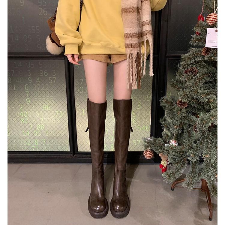 Grape mother same retro round head thin versatile zipper thick sole thick heel knee boots women's autumn and winter knight boots
